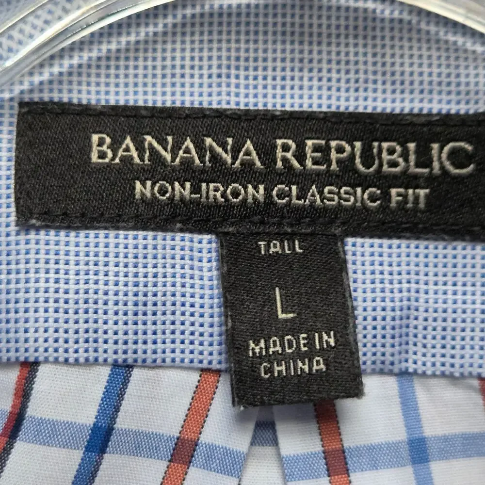 Banana Republic Men’s Non‑Iron Plaid Shirt Tall L Blue Brown Cotton Classic Fit